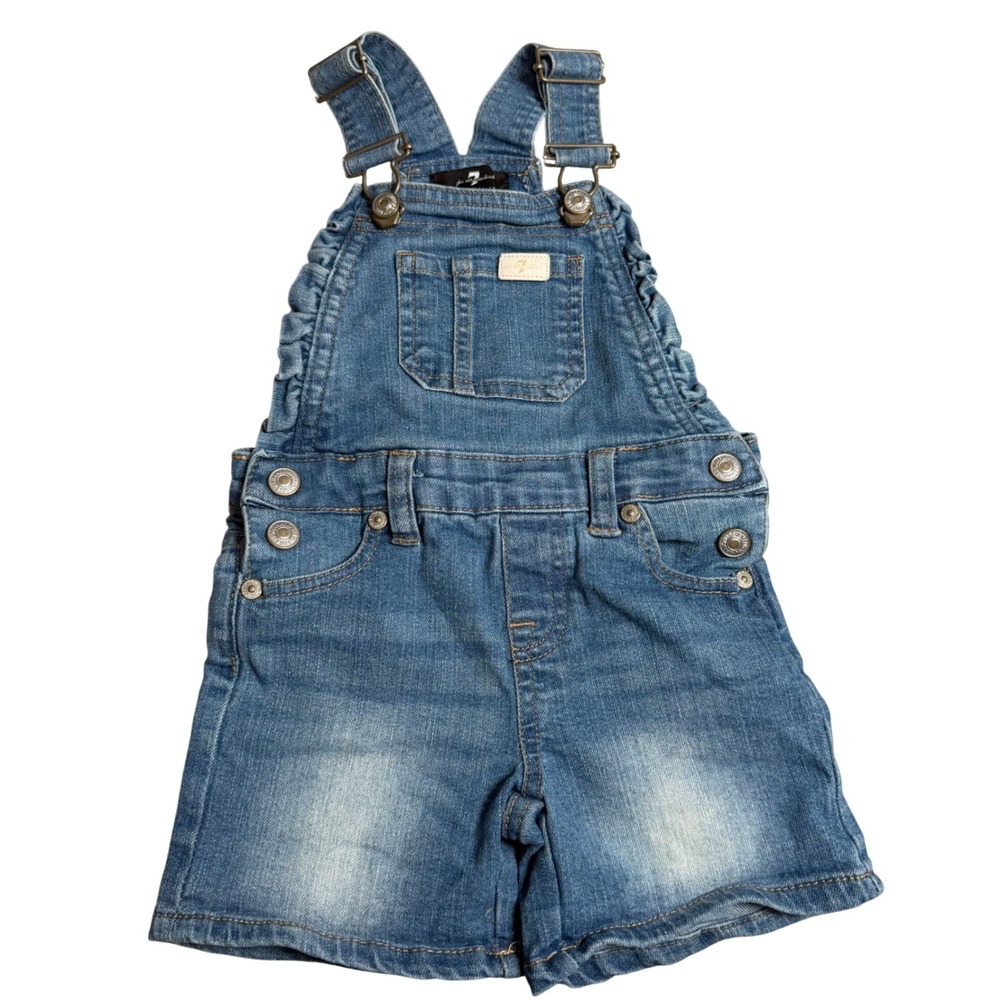 7 For All Mankind Girls Medium Wash Ruffle Denim Shortalls Overalls 12M